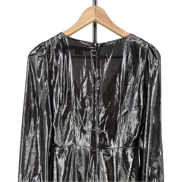 French Connection Silver Metallic Drape Faux Wrap Mini Dress Long Sleeves size 4 - Picture 6 of 11